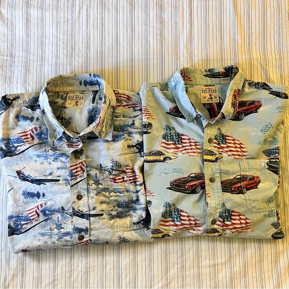 RedHead Men's Muscle Cars and Airplanes Americana Print Button-Up Shirts Lot 2XL